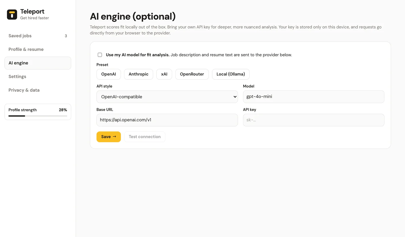 The AI engine settings with preset, API style, base URL, model and key