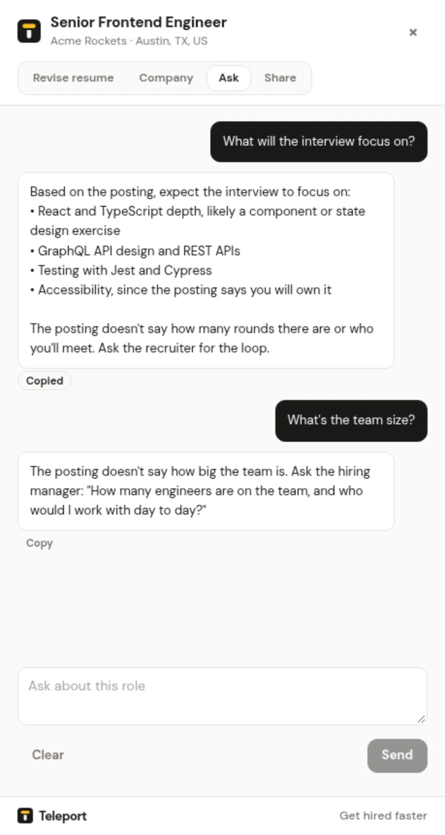 The Ask a question chat with answers grounded in the posting