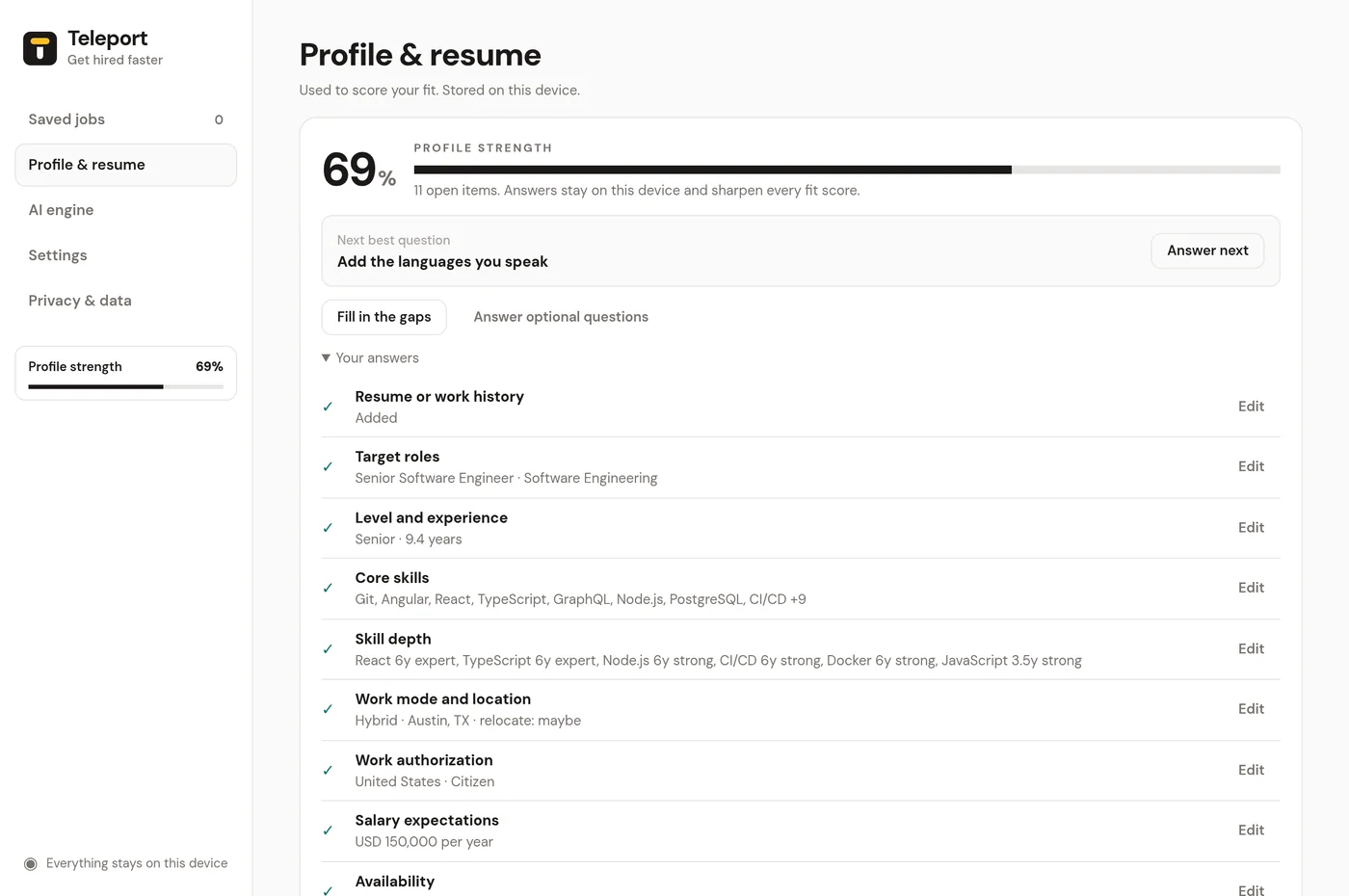 The completeness meter with the list of answered and missing items