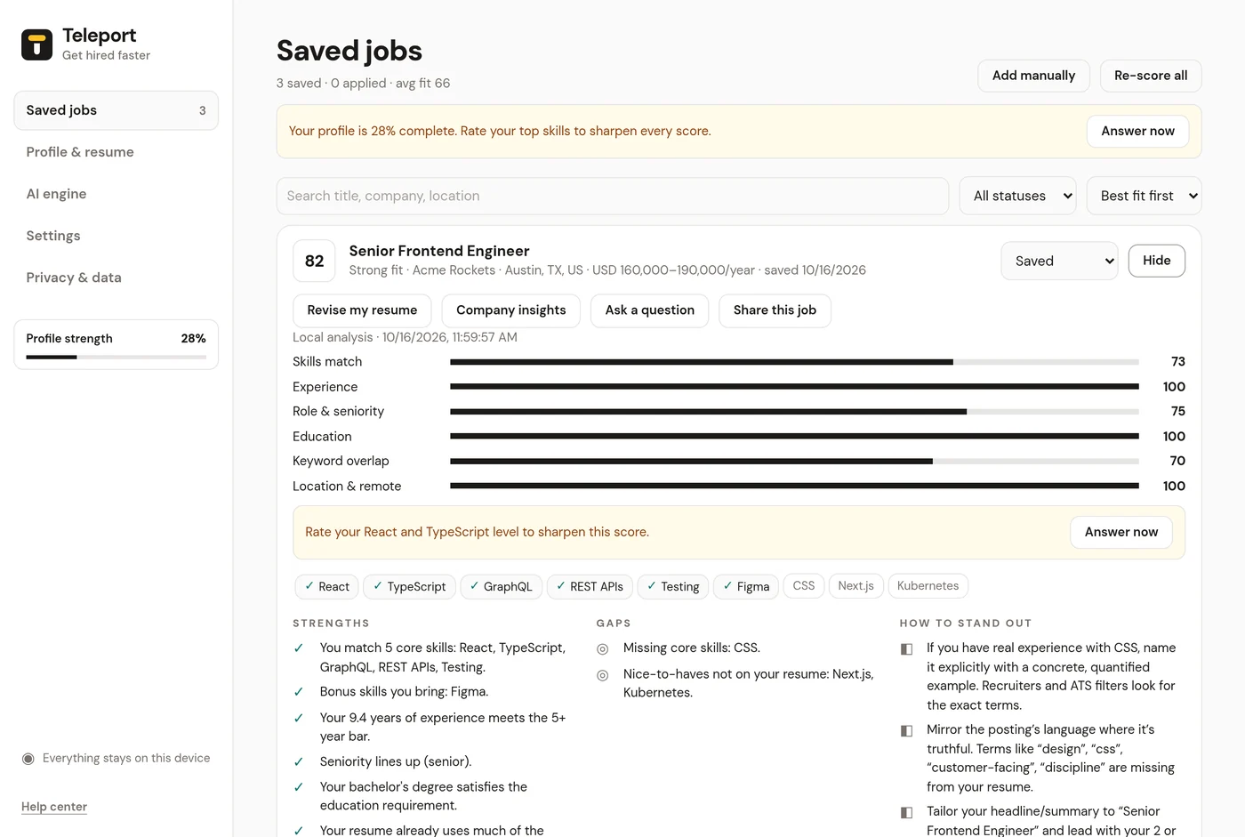 The saved jobs dashboard with fit scores, statuses and job tools