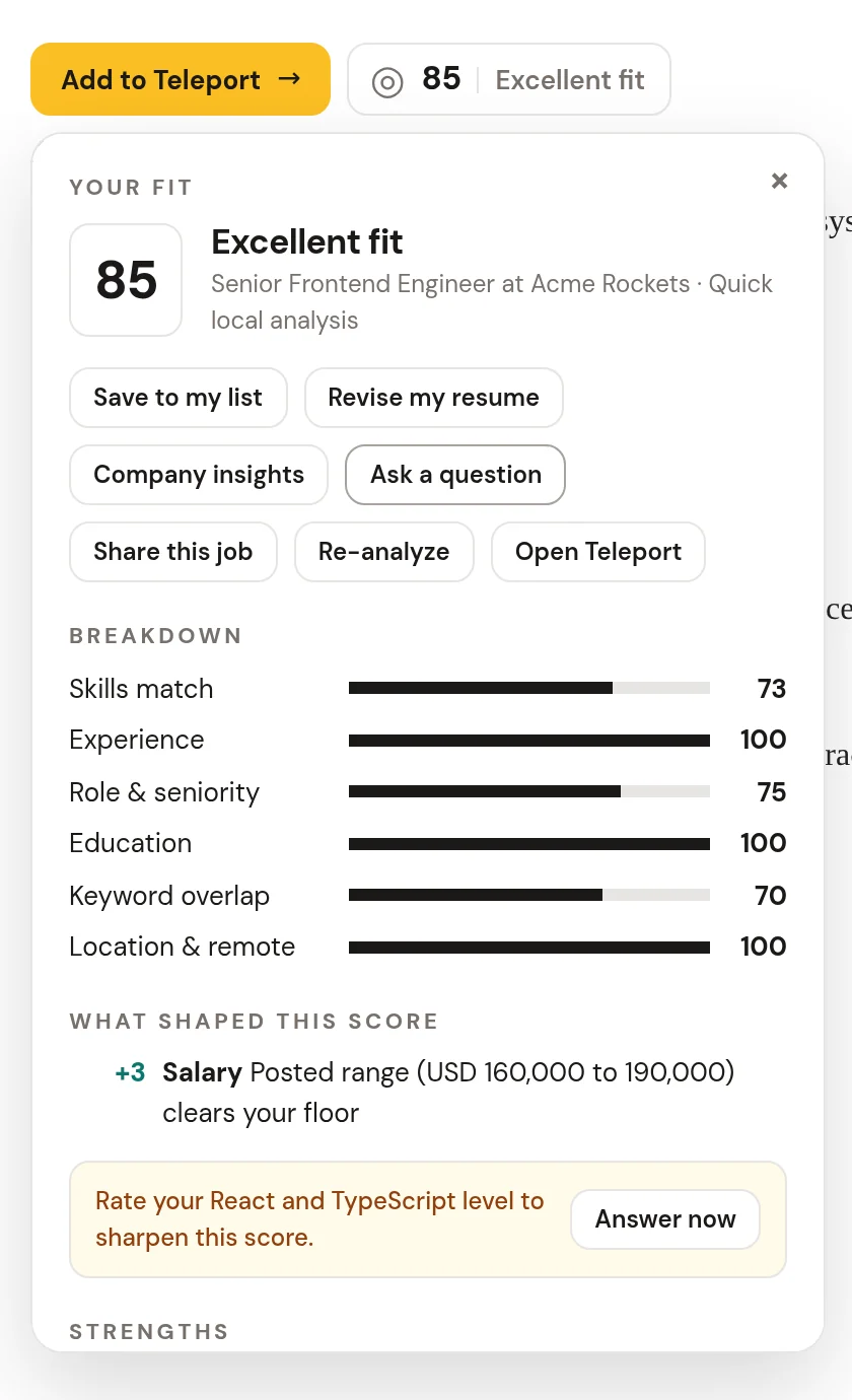 The Add to Teleport button and fit badge under a job title, with the fit panel open