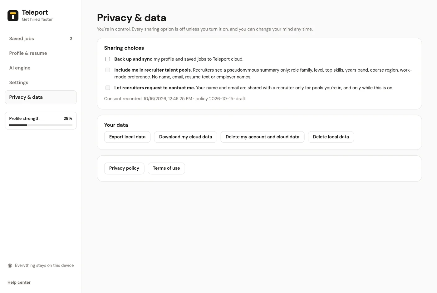 The Privacy and data page with sharing choices and data controls