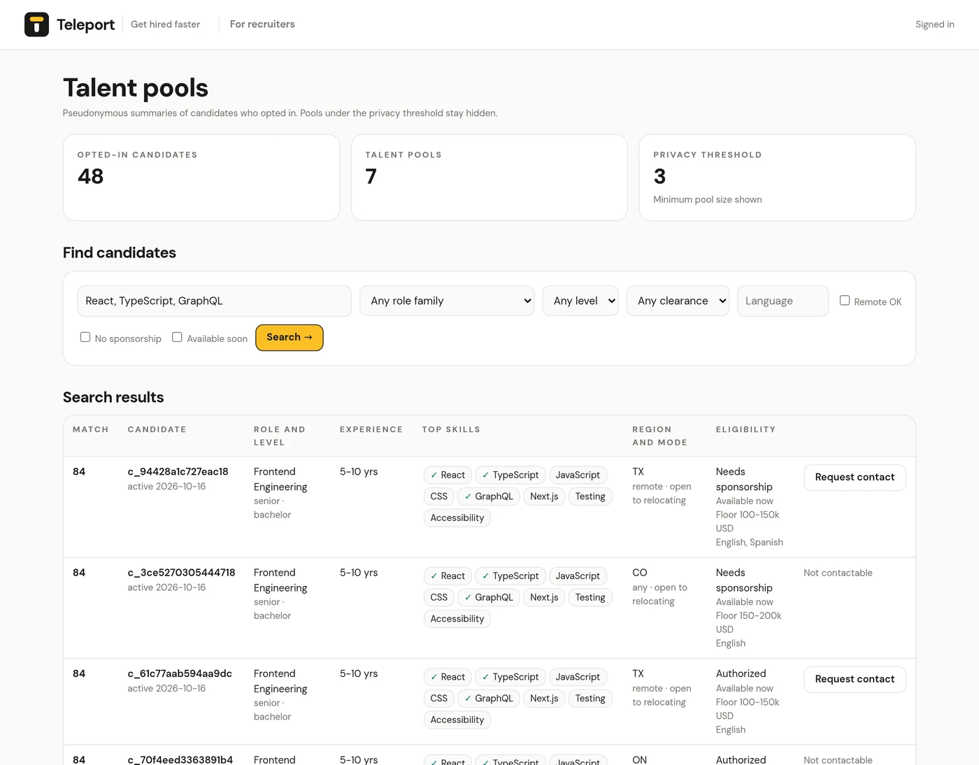 The Teleport recruiter dashboard with talent pool stats and candidate search