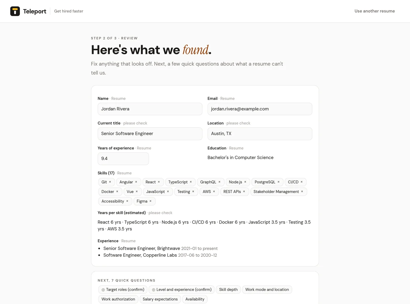 The review step shows parsed fields with their source and a please check marker on uncertain ones
