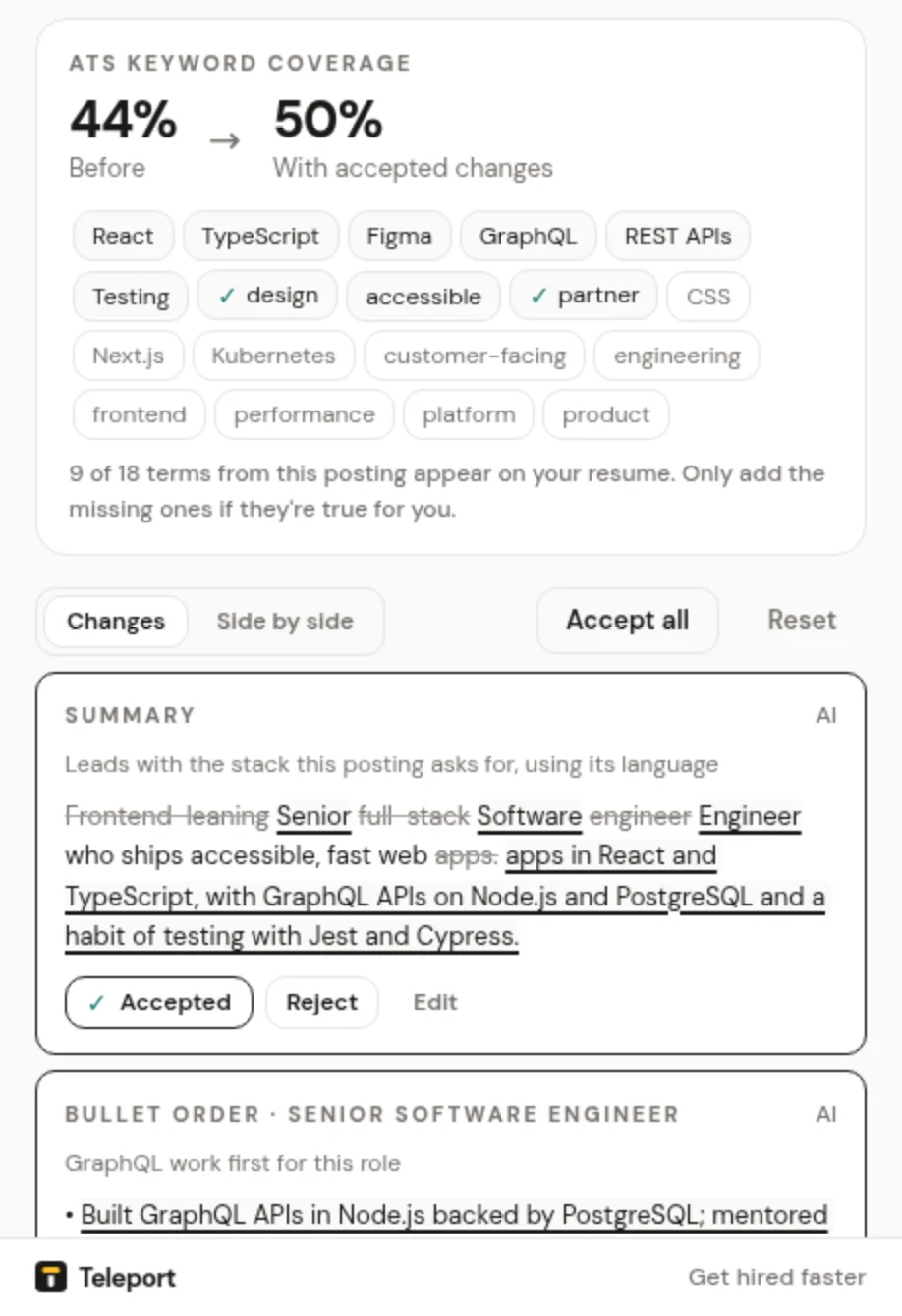 Revise my resume showing keyword coverage and accepted changes