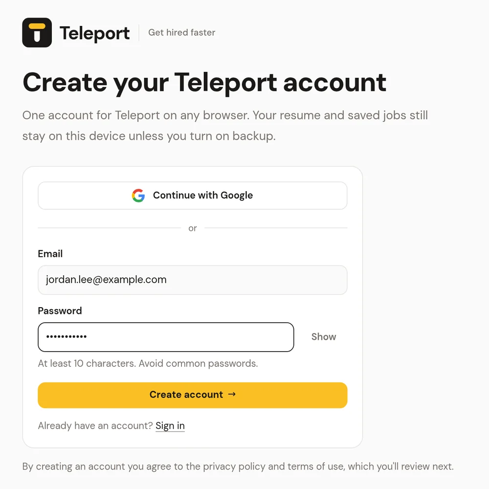 The create account screen with Continue with Google and an email and password form